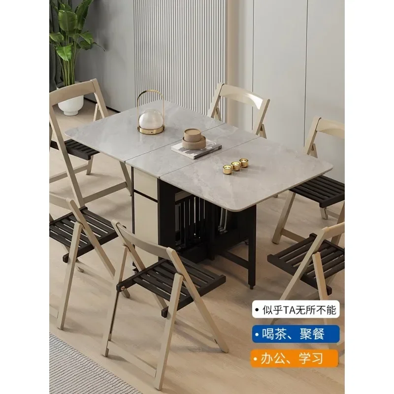 Slate folding dining table Small apartment solid wood dining table and chair combination two-person folding table Household remo