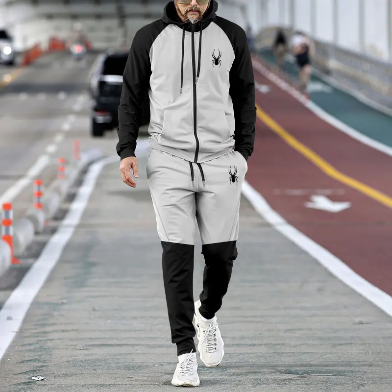 

European-style Men's Sportswear Spring And Fall Plus-size Men's Clothing Matching Color Hooded Jacket And Trousers Two-piece Set