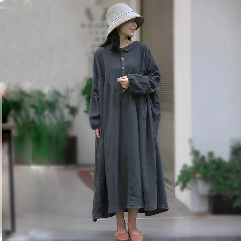 Original Design Bat Sleeved Long-Sleeved Dress Loose Version Literary Cotton Linen Plus-Size Women's Long Skirt Early Autumn