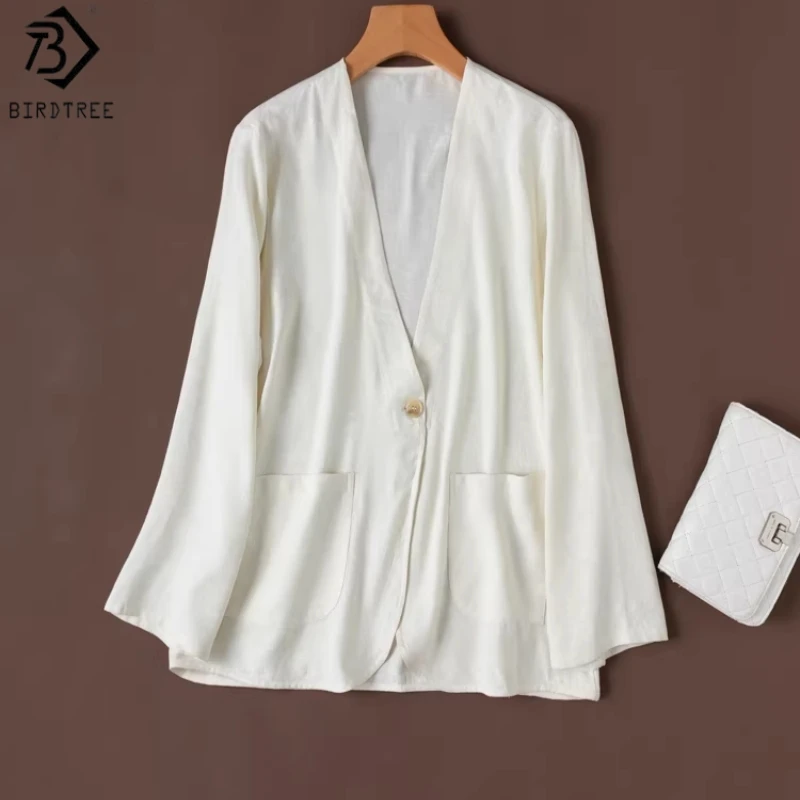 

Birdtree, 100% Real Silk Suit Cardigan, Women V-neck Spun Silk Jacket, Full Sleeve Commuting Coats, 2026 Spring New T63637JF