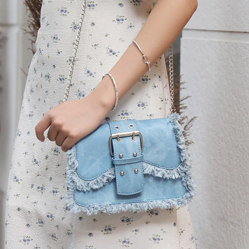 

Fashion Rivet Denim Small Flap Bag Fringe Square Women Shoulder Bags Casual Chains Box Crossbody Bag Trend Female Phone Purses