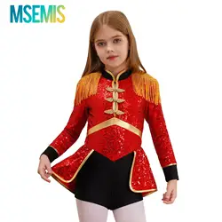 Girls Ringmaster Circus Magician Drummer Christmas Dance Drum Band Cosplay Costume Long Sleeve Fringe Epaulet Sequins Bodysuit