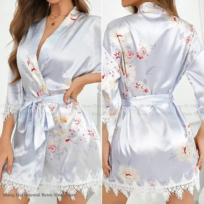 

Весенне-летний новый женский халат с цветочным принтом, кимоно, халат, свободная повседневная одежда для сна, домашний халат, шелковый атлас, одежда для дома
