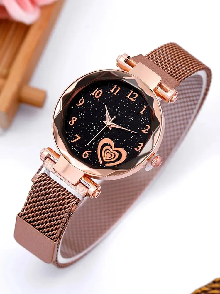 5pcs Fashion Versatile Starry Sky Love Women\'s Iron Mesh with Quartz Watch and Bracelet Set