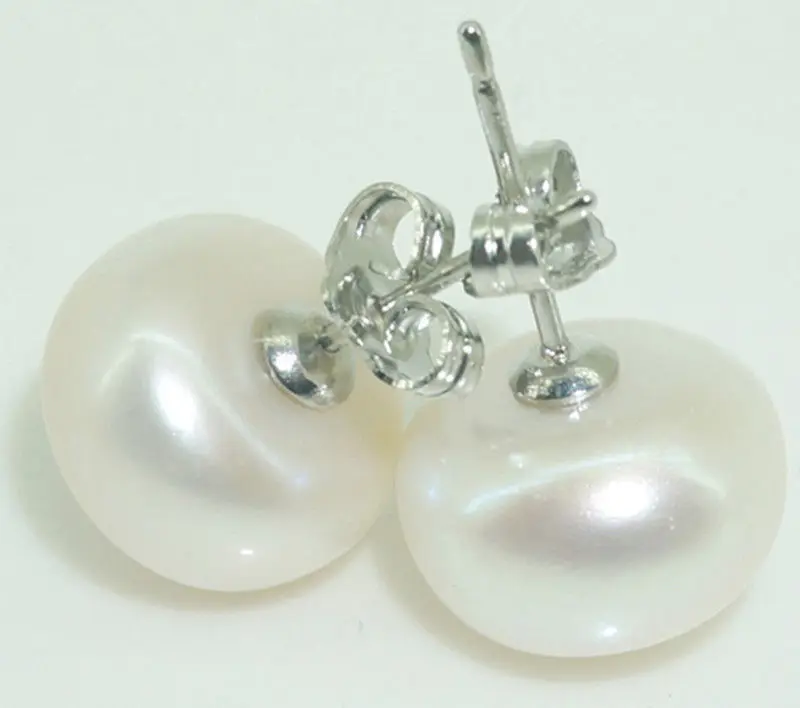 Freshwater white Cultured Pearl 11-10mm stud Earrings 925 St Silver