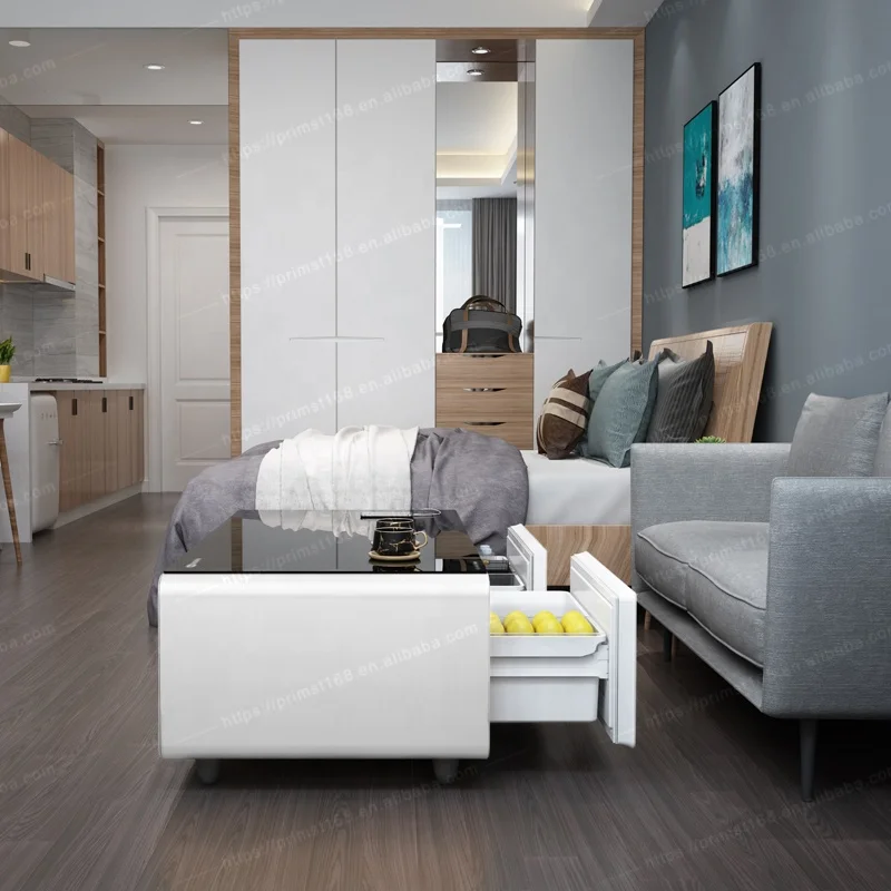 Brown Color Coffee Table Fridge Built-in Wine Beer Cooler With 2 Refrigerator Drawers USB Charging Ports Music Speaker