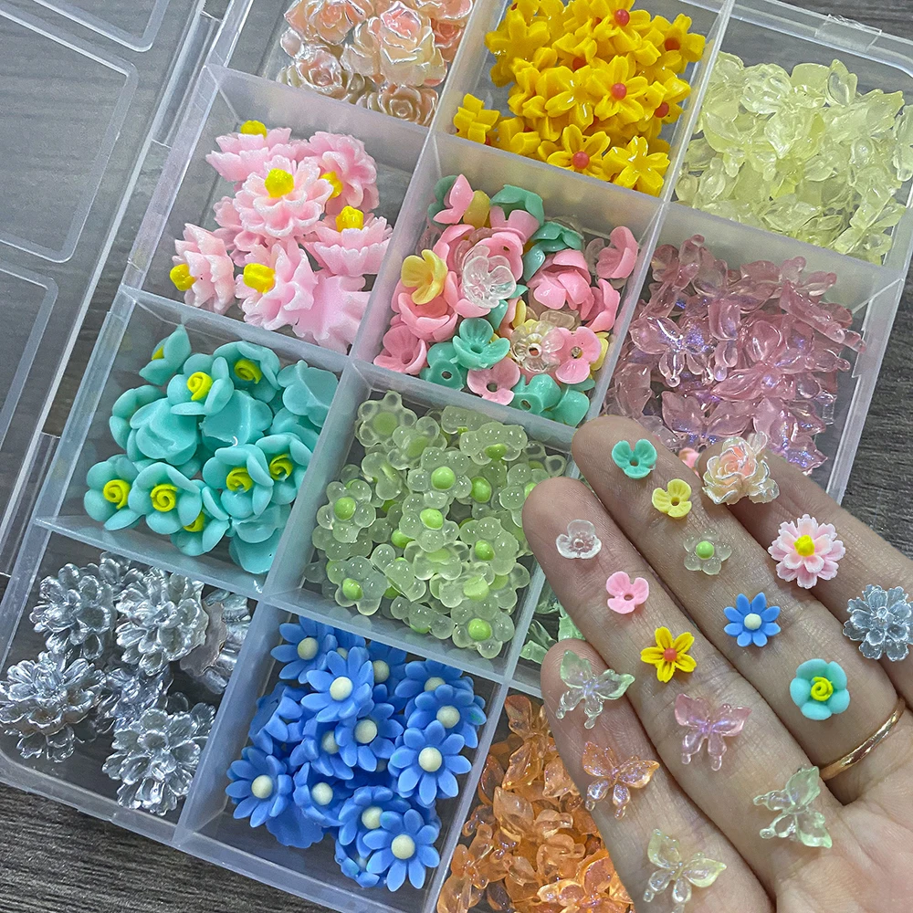 

12Grids Elegant Daisy Flower Mixed Resin Nail Charms 3D Colorful Exquisite Butterfly Flowers Nail Rhinestones DIY Hand-decorated