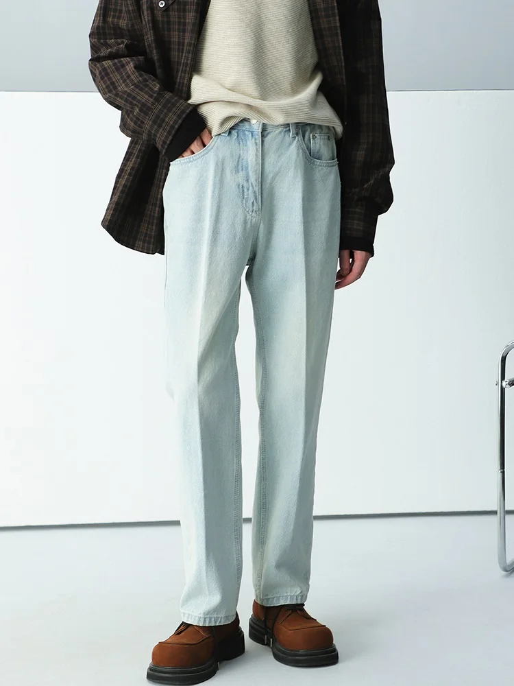 

American Retro Versatile Washed Side Waist Elastic Slimming Jeans Men's British Korean Style Casual Straight Tube Denim Jeans