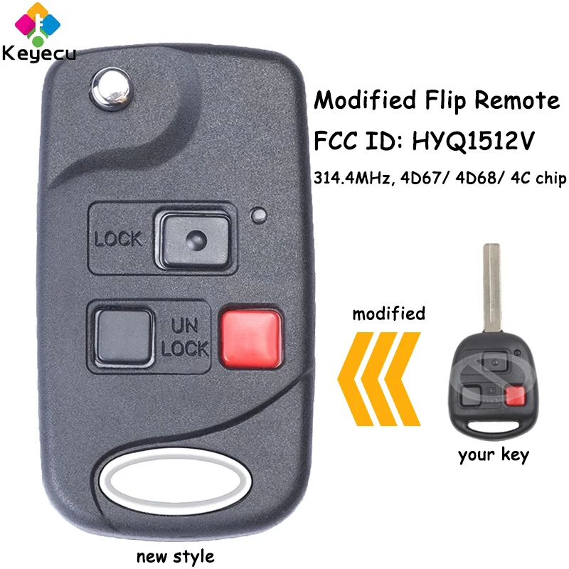 

KEYECU Modified Flip Remote Control Key With 3 Buttons 314.4MHz 4D67/ 4D68/ 4C Chip for Lexus GX470 LX470 Fob FCC ID: HYQ1512V