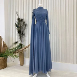 Modest Muslim Evening Dress Long Sleeve High Neck Arabic Dubai Formal Party Gowns A Line Chiffon Beaded Robes De Soirée