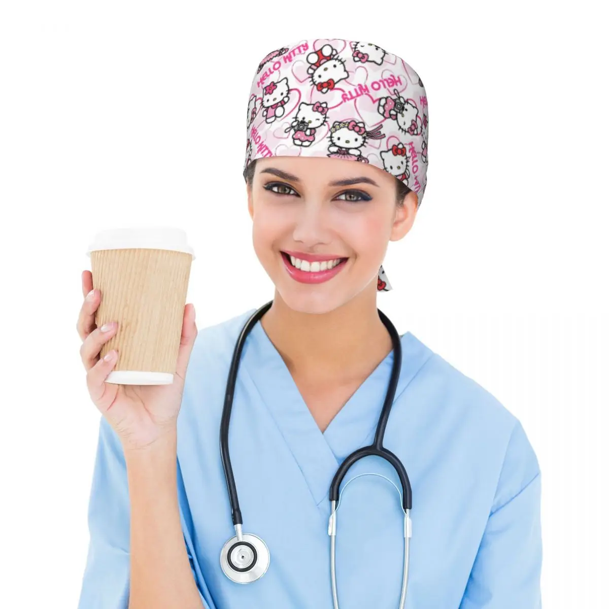 Custom Hello Kitty Cute Breathable Scrub Hat Surgical Scrub Caps Nurse Medical Cap Manga Work Scrubs Hat for Medical Surgical