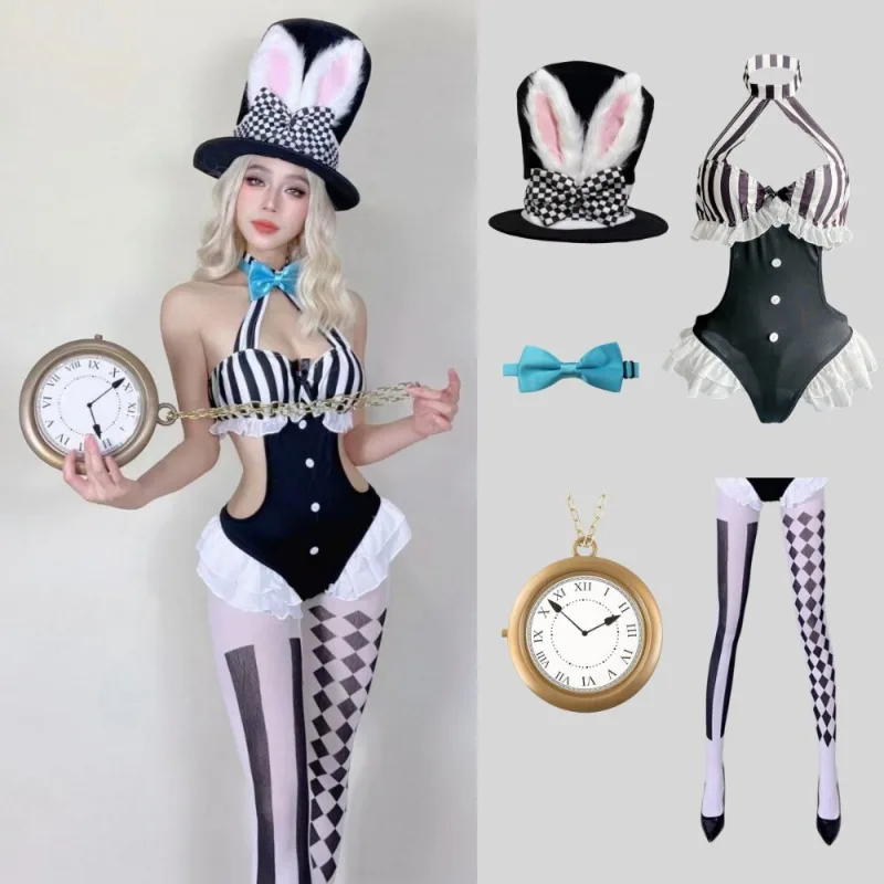 Y2K Punk Vintage Cute Women Bunny Fancy Dress Black White Check Striped Bodysuit Rabbit Ear Hat Bow Socks Party Stage Costume