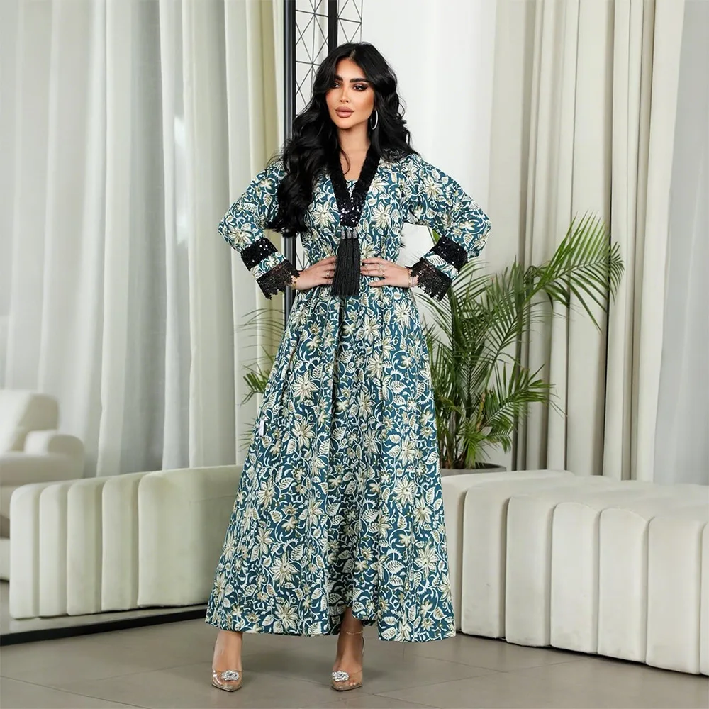 

Xqy500498 Long Robe V-neck Tassel Printed Dress Kimono 2026 Muslim Long Dress Robe Abaya Ramadan Dubai Luxury Islam Elegant