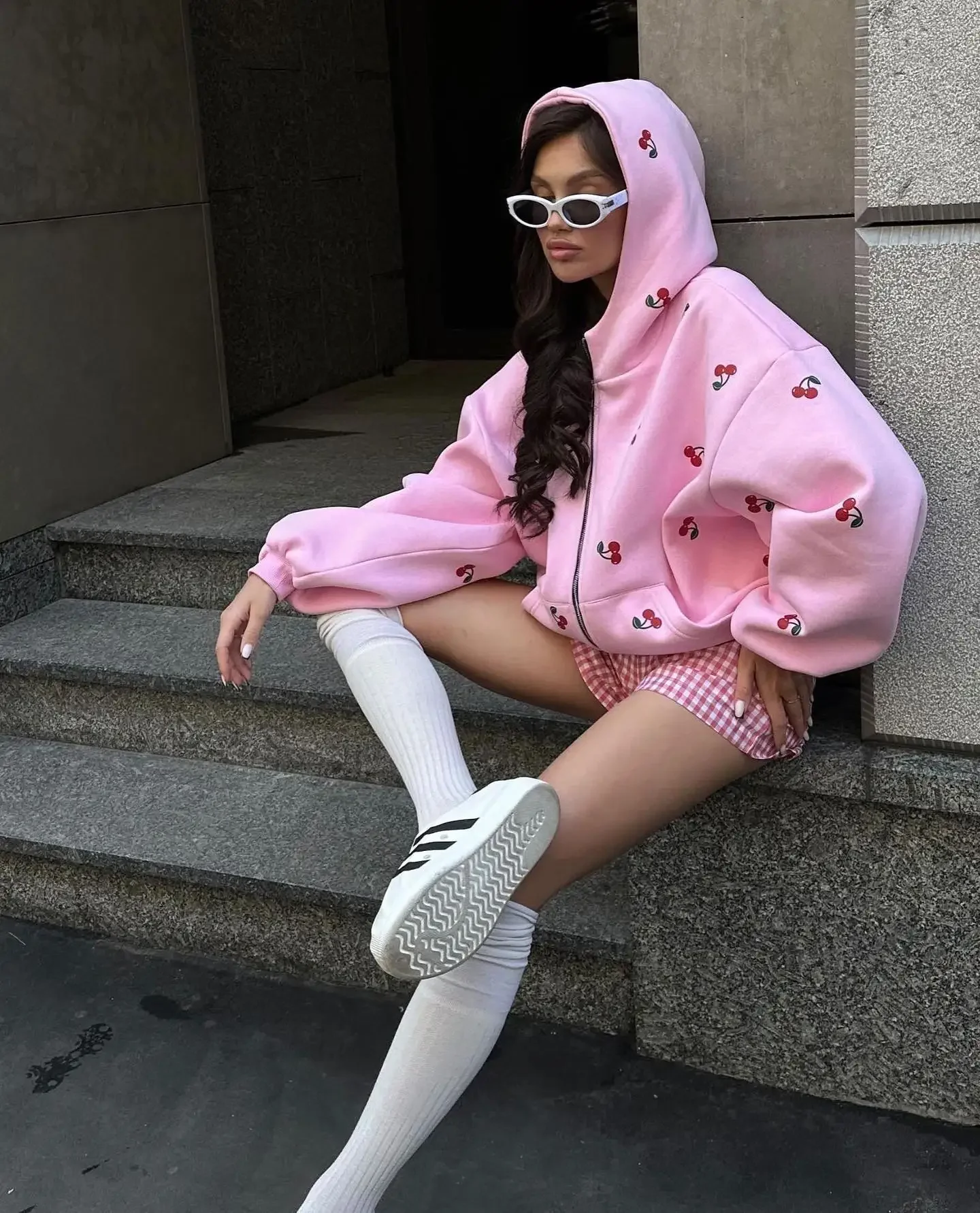 Harajuku estilo fresco moda cereja padrão branco zíper moletom com capuz y2k harajuku versátil feminino outono novo moletom