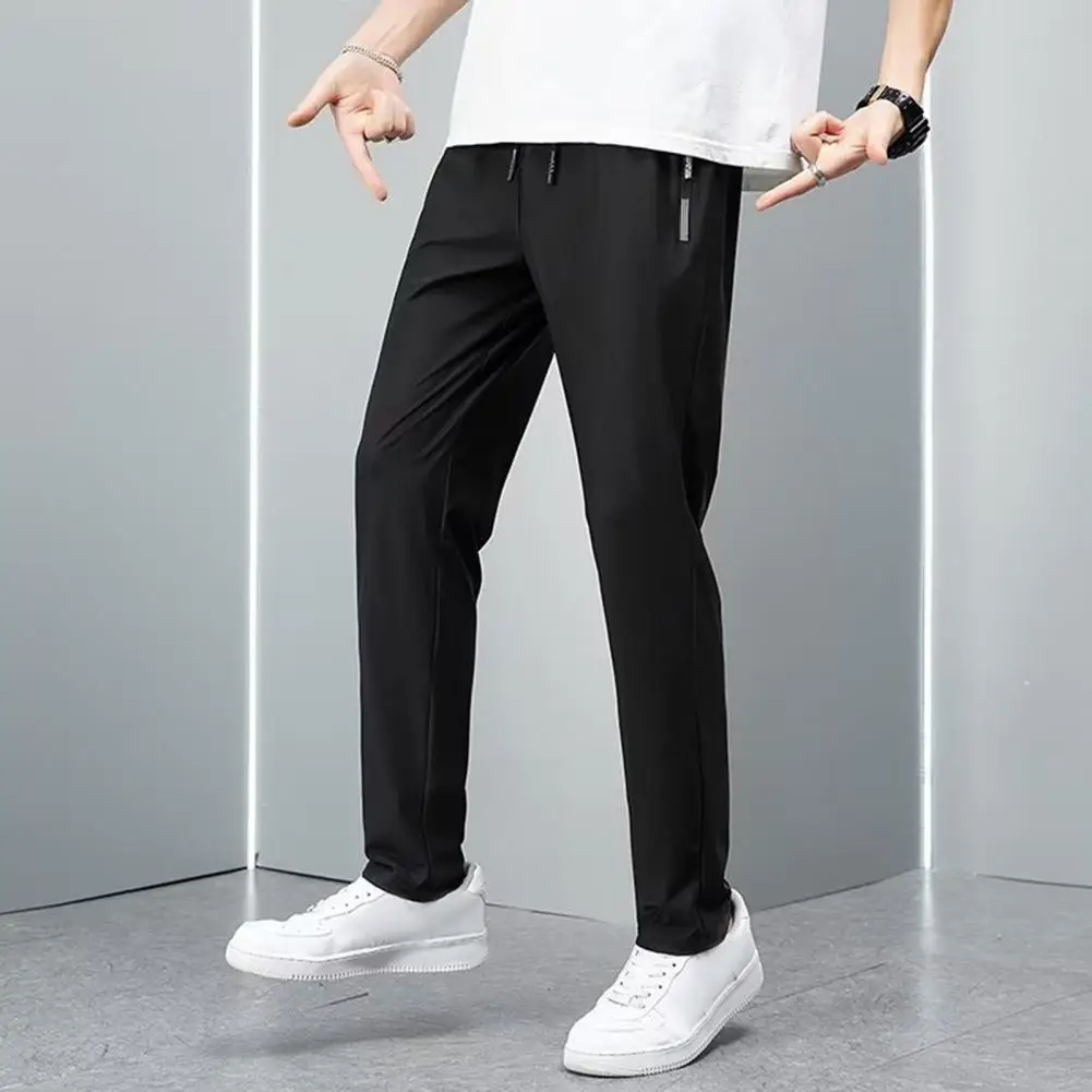 Men Summer Sweatpants Men's Loose Straight Drawstring Ninth Pants with Elastic Waist Pockets Breathable Ankle Length for Daily