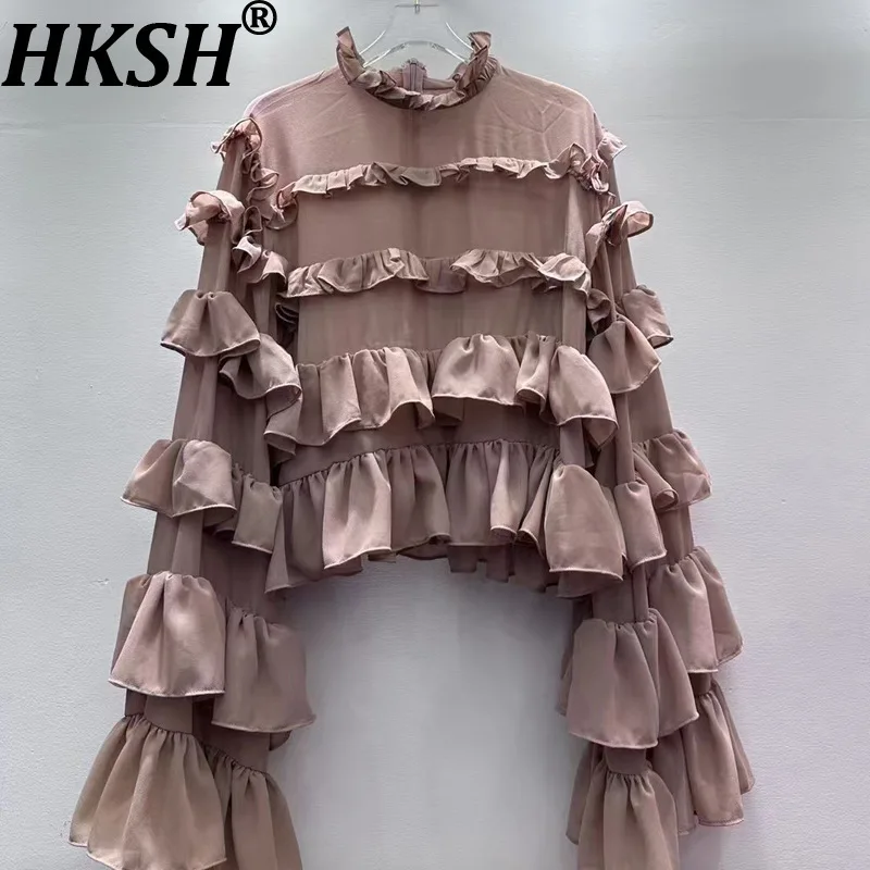 

HKSH Spring Autumn New Women's Shirt Layered Ruffled Flare Sleeve Solid Color Elegant Sweet Blouse Fashion High-end Tops HK16453