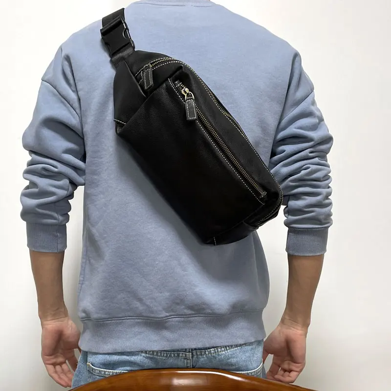 

PNDME casual simple handmade first layer cowhide men's chest bag outdoor travel luxury genuine leather black crossbody bag