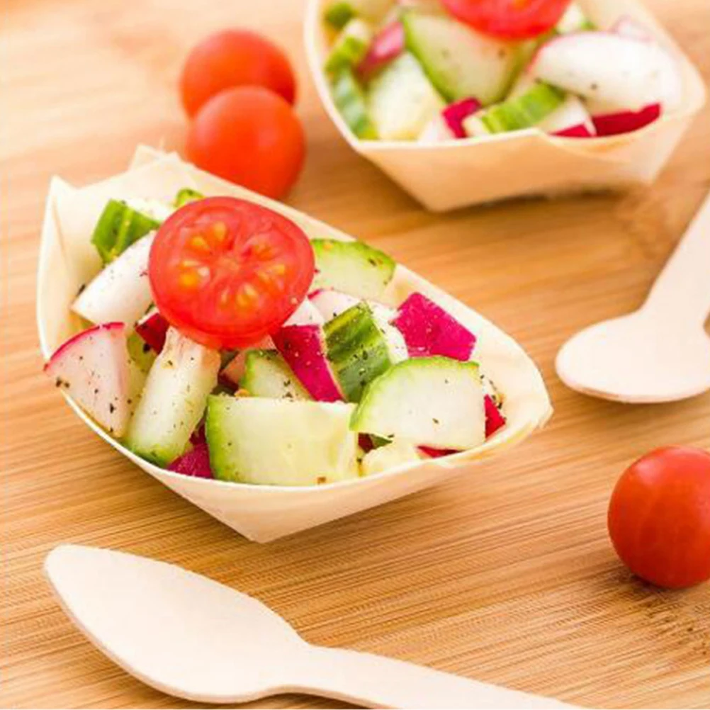 

50 Pcs Sushi Snack Wooden Boat Trays Disposable Birch Serving Platters Display Appetizer Party Picnic BBQ Catering