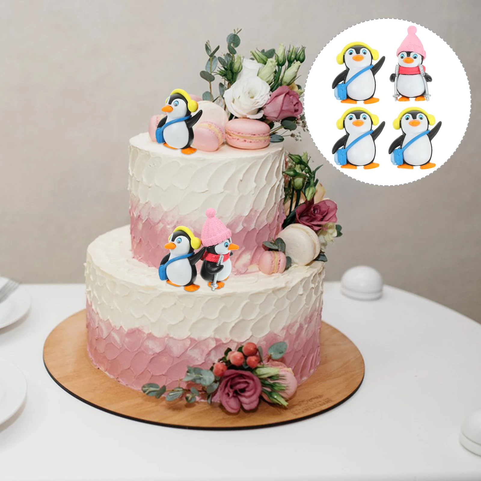

4Pcs Lovely Penguin Cake Ornament Waterproof Vinyl Decoration for Birthday Celebration Dessert Display Desktop Holiday Party