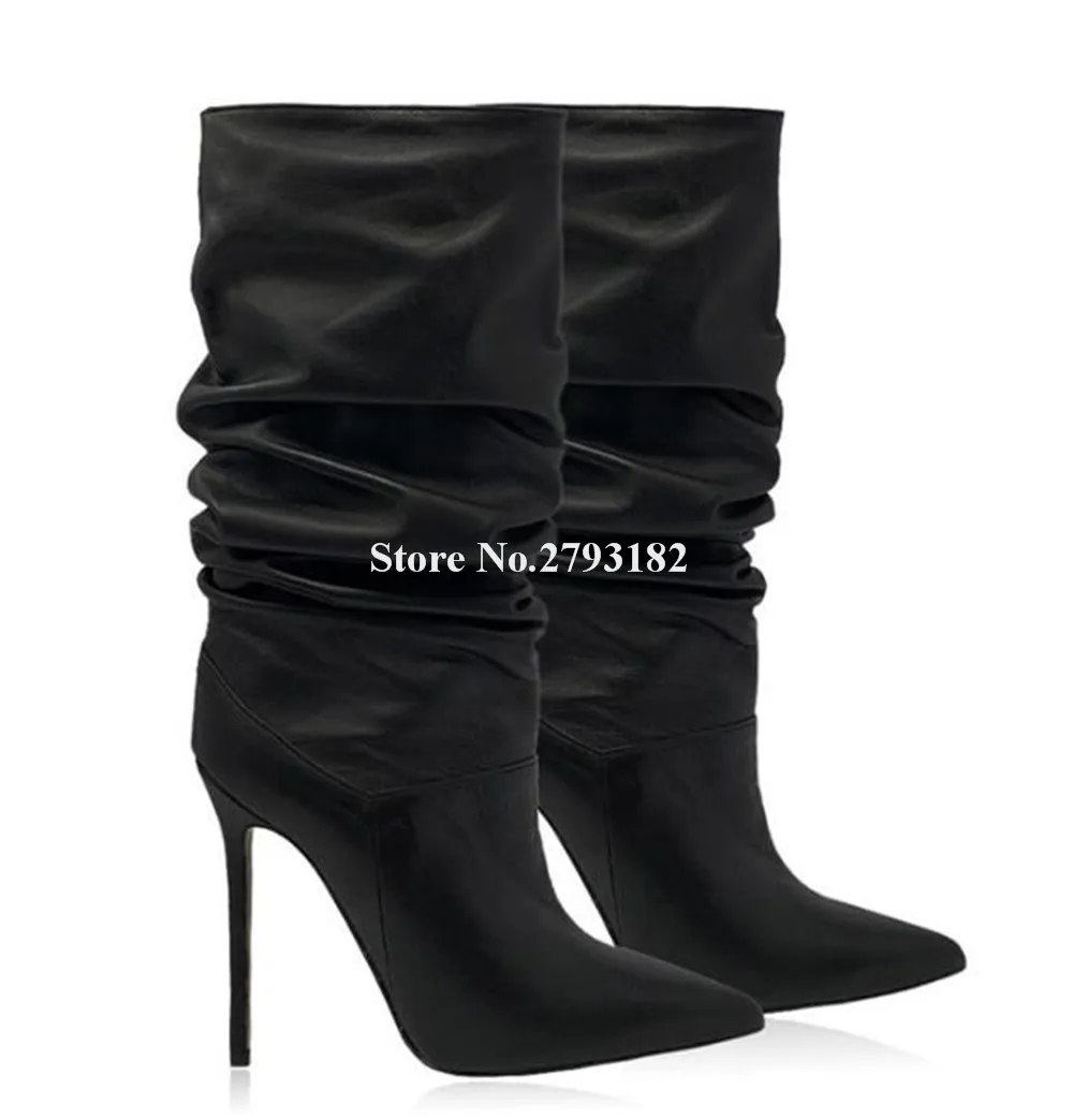 Classical Style Suede Stiletto Heel Mid-calf Boots Pointed Toe Slip-on Purple Brown Black Pink Thin Heel Short Boots