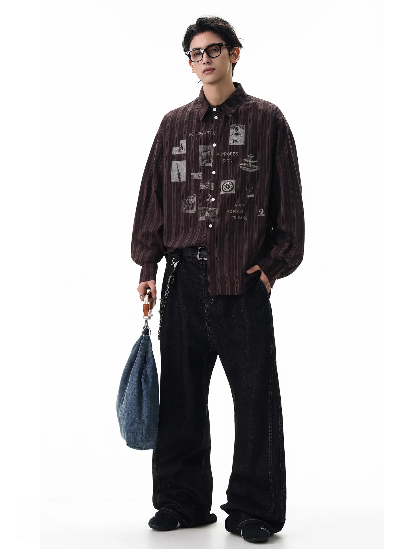 2025 Spring and Autumn Street Style Striped Print Coffee Color Long Sleeve Shirt Men's American Casual Loose Apricot Shirt