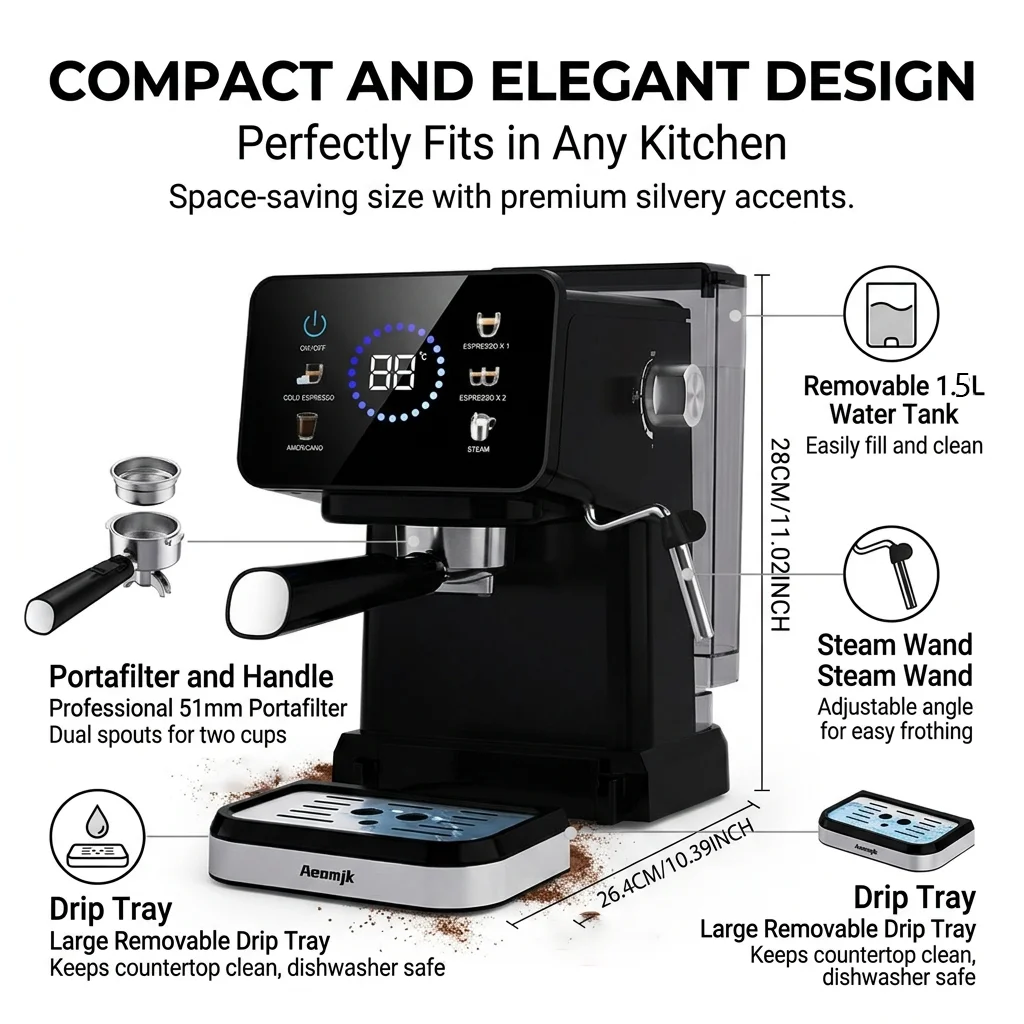20Bar Hochdruck Espresso Kaffeemaschine Touchscreen 1.5L großer Wassertank heiße kalte Extraktion automatische Milchschaumstoffmaschine Home Office Eu Stecker Kaffeebrauer