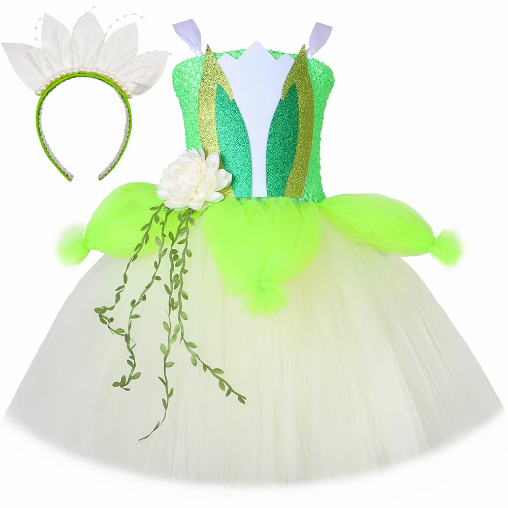 Princess Tiana Costume for Girls 3 Layers Flowers Tulle Tutu Dresses Ball Gown Toddler Kids Halloween Birthday Party Dress Up