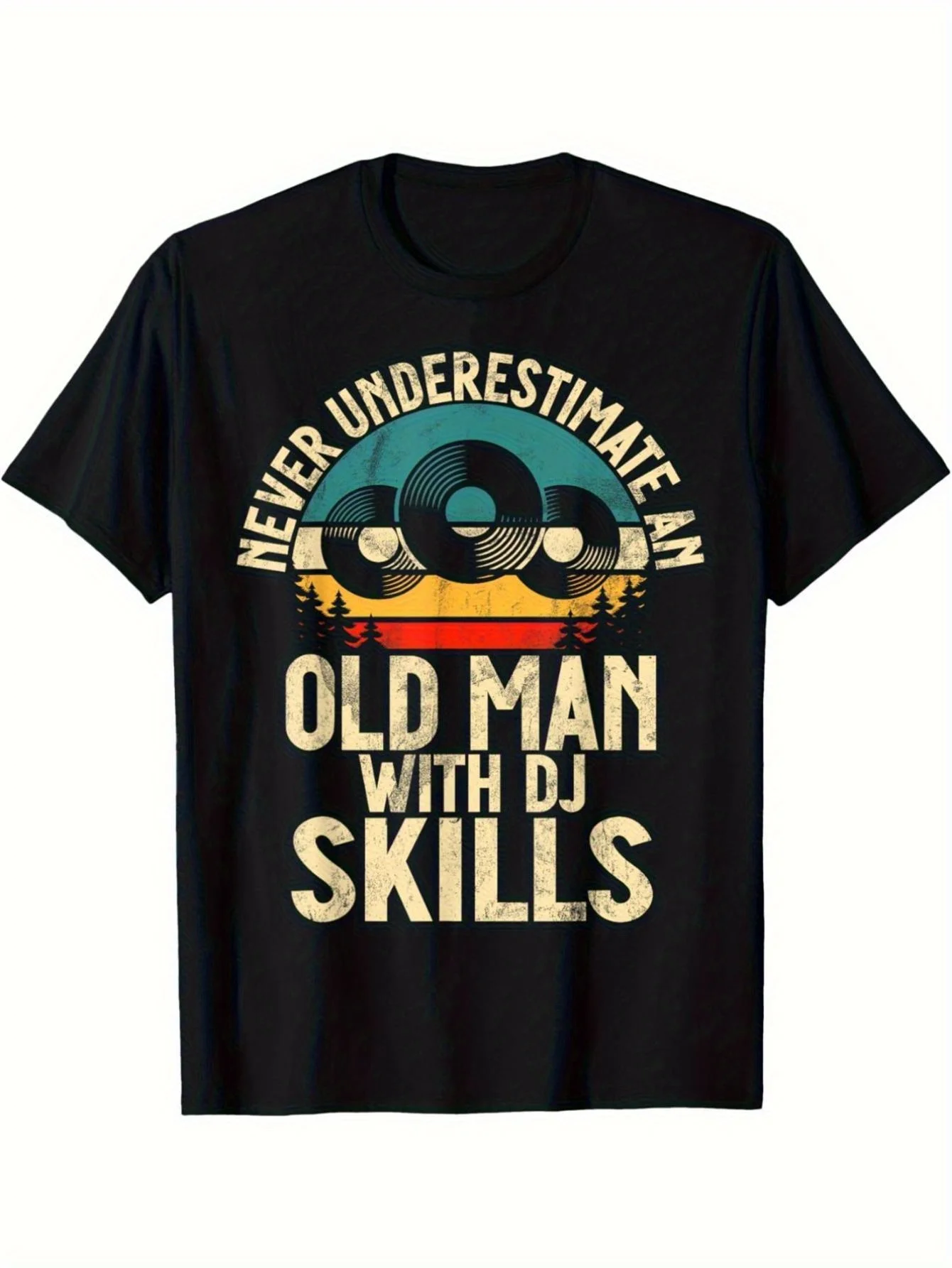 Plus Size Men's Retro DJ T-Shirt- A Retro Music T-shirt Printed with Vinyl Records, Sound Wave Graphics, and  Never Underestimate an Old DJ- Striking Golden Print, Unisex, Collectible T-shirt., PLUS SIZE