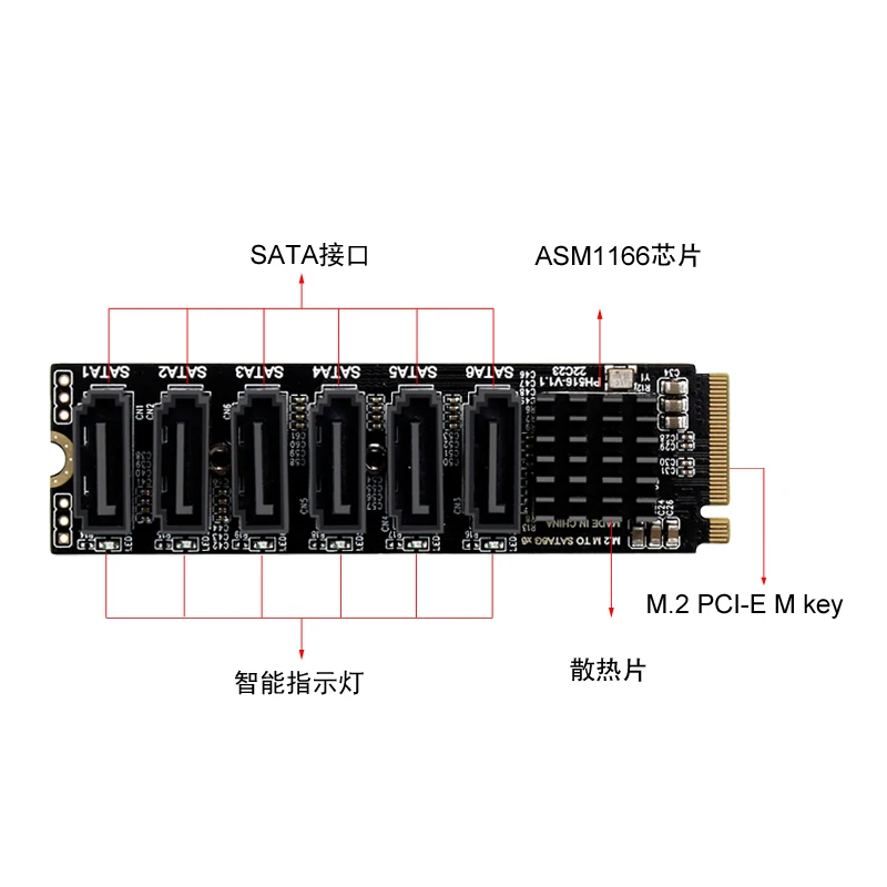 6-Port M.2 Sata PCIE Riser Card M2 NVME To Sata 3.0 Expansion Card ASM1166 6GB/S Adapter 6x SATA3.0 Riser Expansion Dropshipping