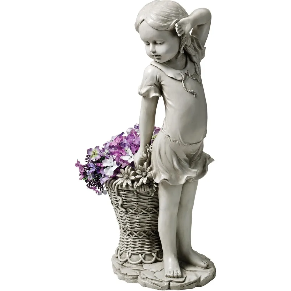 

Garden Statue with Flowerpot, 10 Inches Wide, 8 Inches Deep, 21 Inches High, Hand Cast Resin, Antique Stone Veneer