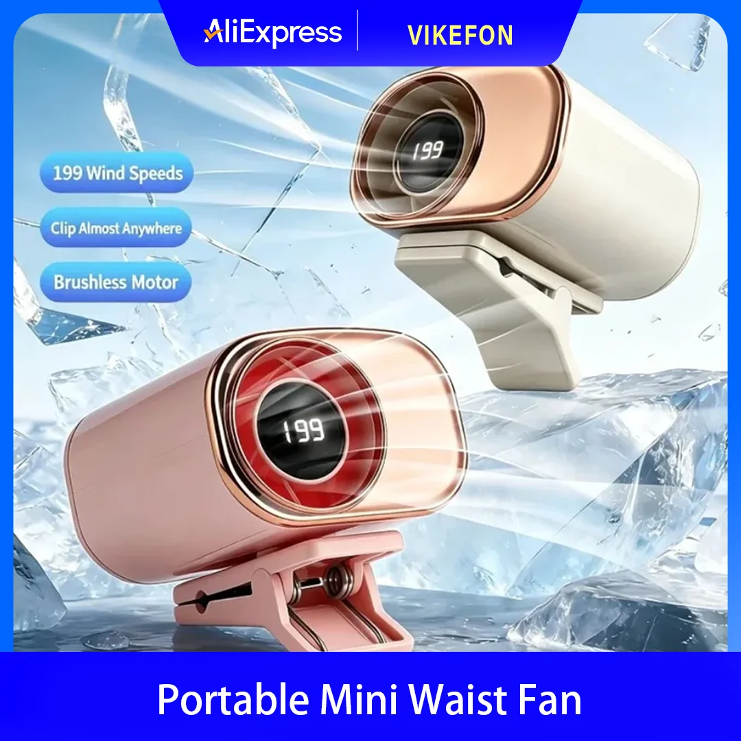 Portable Outdoor Waist Hanging Cooling Fan Mini Clip Fan 199 Adjustable Speed Brushless Motor 360 Rotation Digital Display
