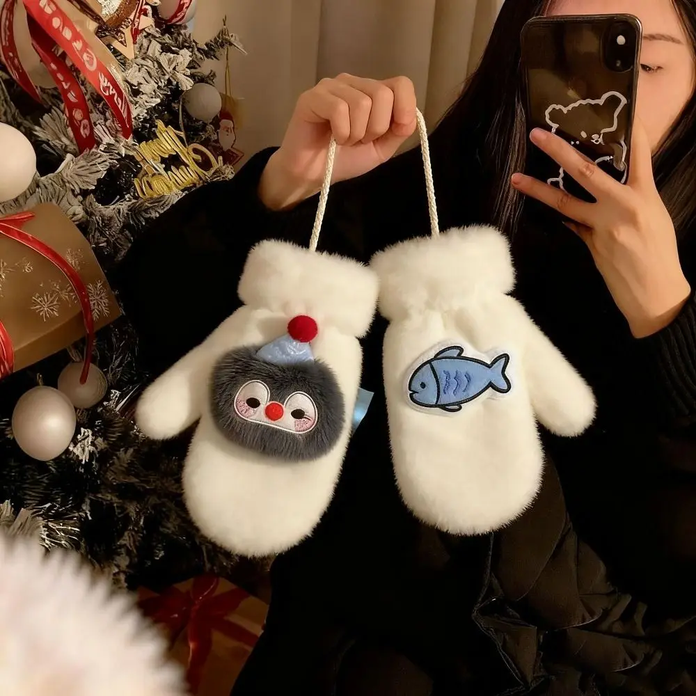Cute Penguin Gloves with Ropes Cold Protection Full Finger Mitten Windproof Soft Skiing Gloves Outdoor