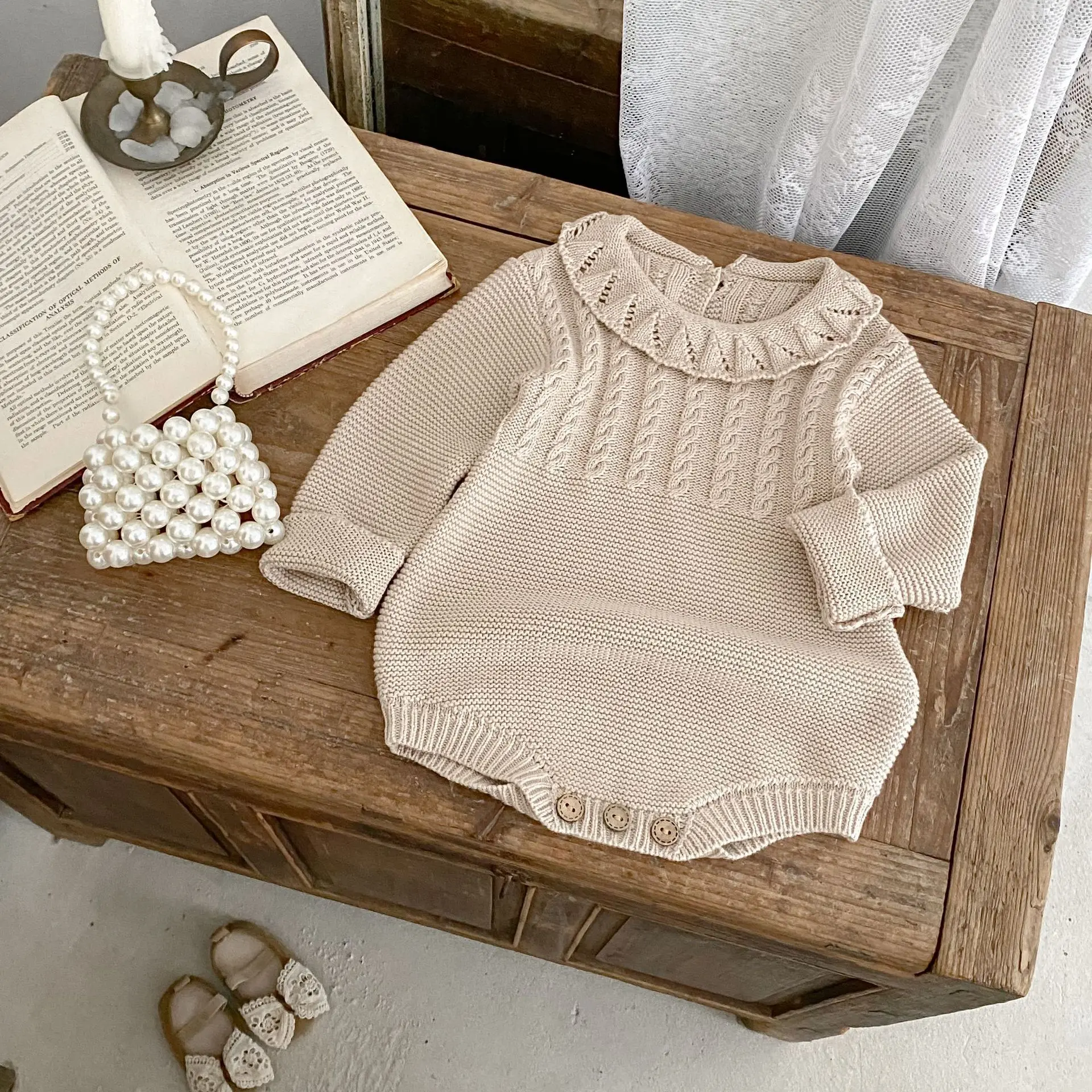 

Infant Girl Cute Lapel Knitted Jumpsuit Newborn Toddler Clothes 0-24M 2025 Autumn New Baby Long Sleeve Knit Bodysuit Solid