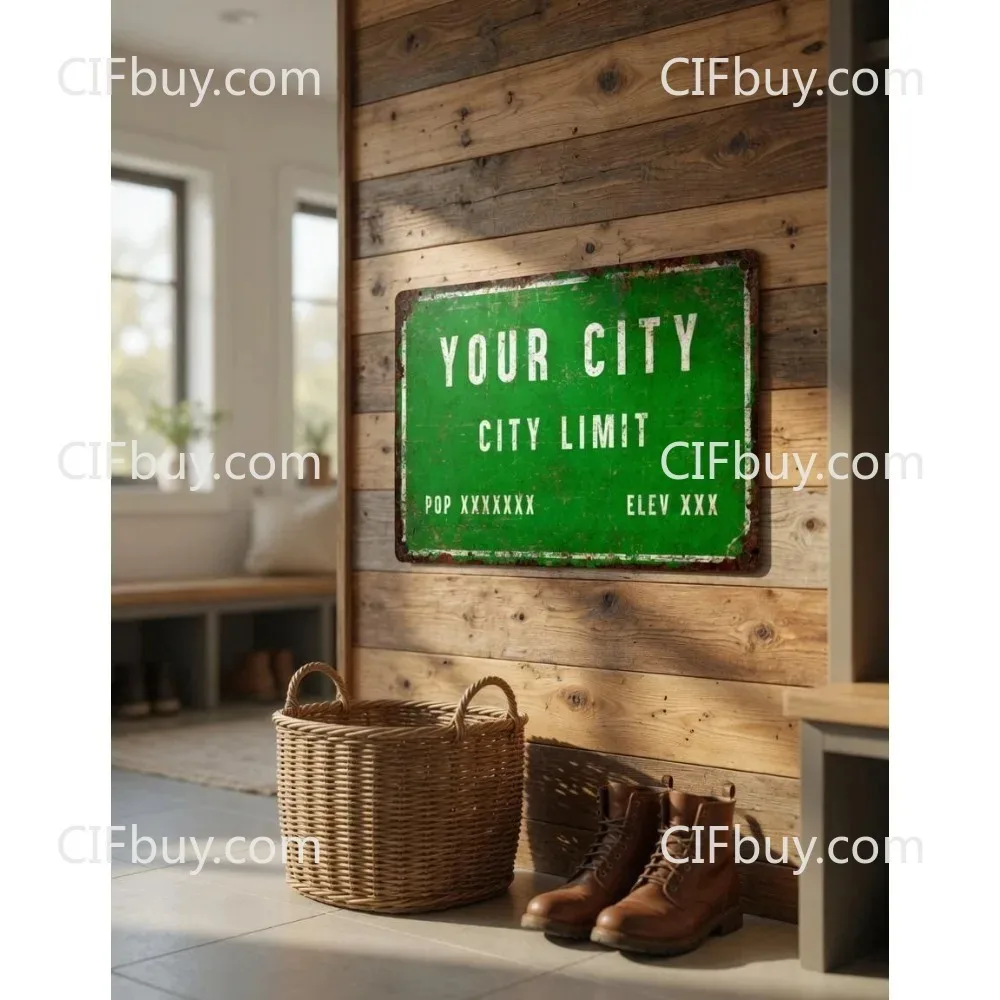 CIFbuy 2D Flat Custom City Limit Vintage Metal Plaque,Personalized City Text Rustic Home Decor‑Only Wall Ornament