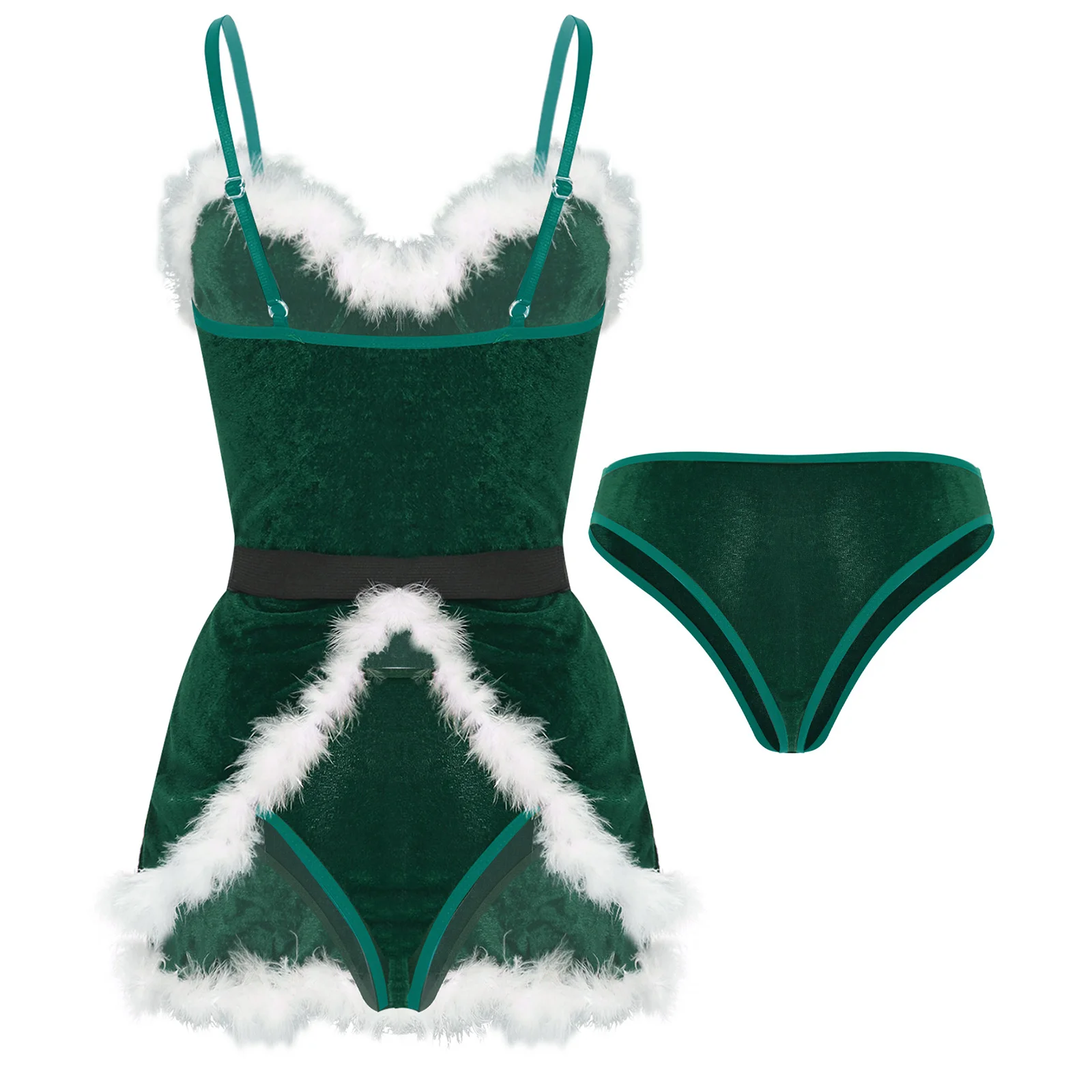 Costume de Père Noël en Velours Sexy pour Femme, Garniture de Plumes en Peluche, Col en V, Slip, Jupe, Costume de Batterie avec Ceinture, Habillage de ixde Noël