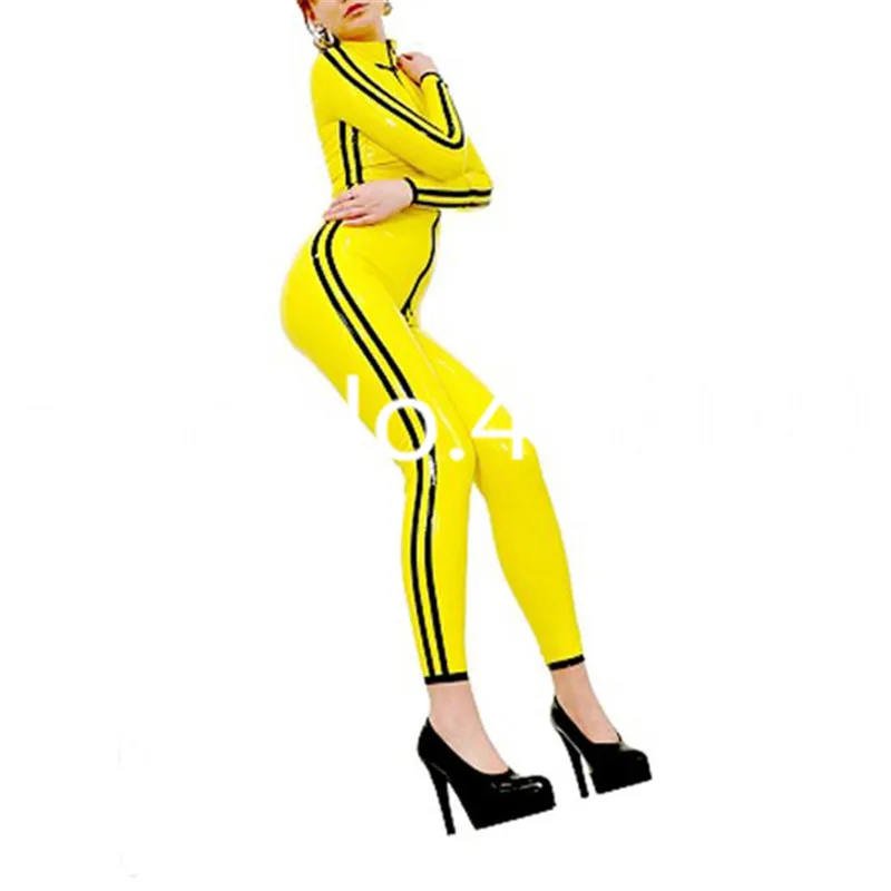 Yellow Latex Catsuit Rubber Bodysuit with Front Zip Black Trim Jumpsuit Custom Made Halloween Cosplay Costume Party Wear