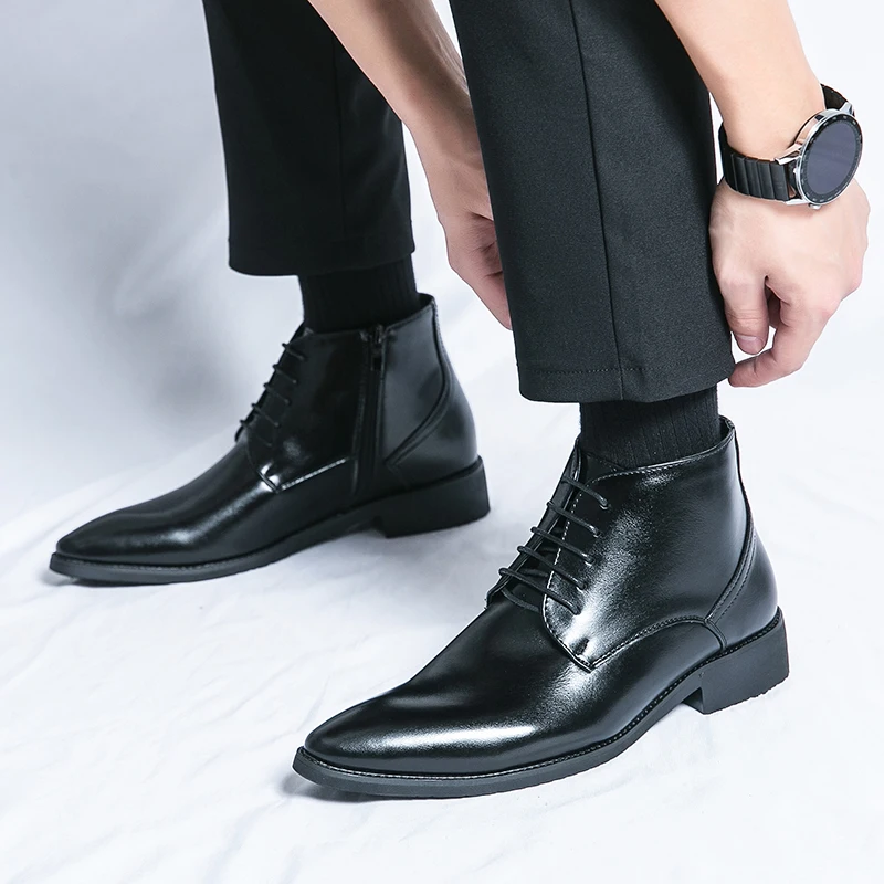 Leather high top Doc Martens men's British biker Gopon leather boots inside heightening pointy hair stylist fashion shoes