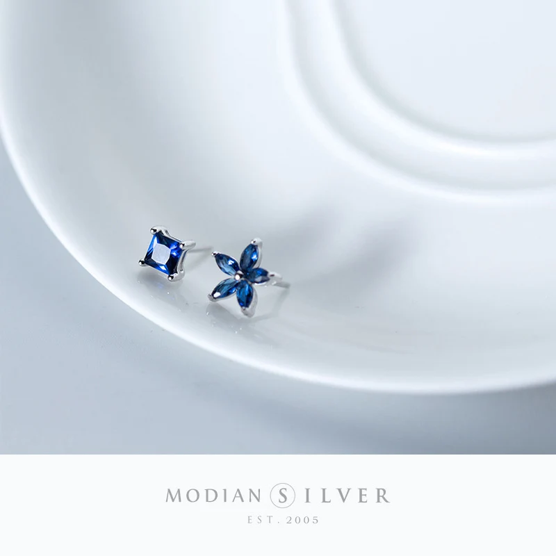 Modian Exquisite Luxury Blue Flower Plant Square Zircon Jewelry For Women Real 925 Sterling Silver Fashion Female Stud Earrings