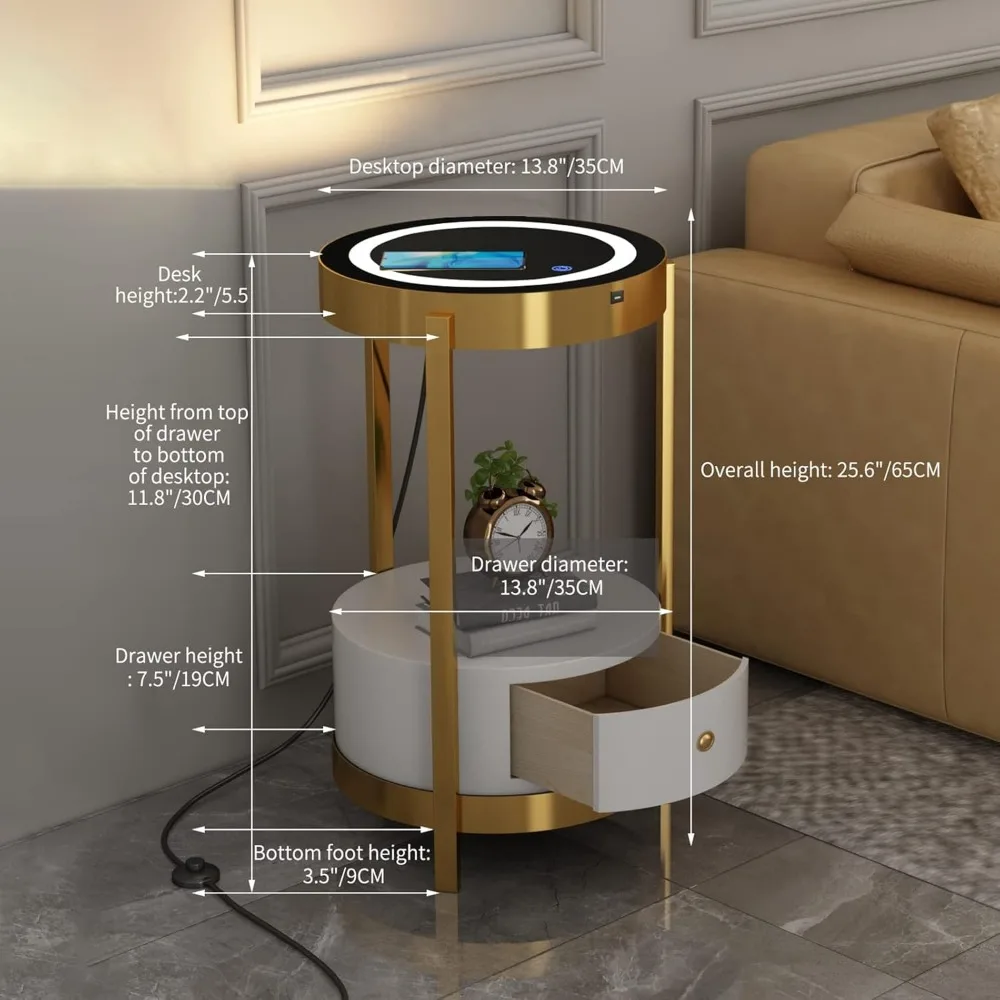 Dudukan malam, dudukan meja Led cerdas emas dengan laci putih, Meja Bundar Sofa 14 inci dengan Port USB nirkabel, dudukan malam