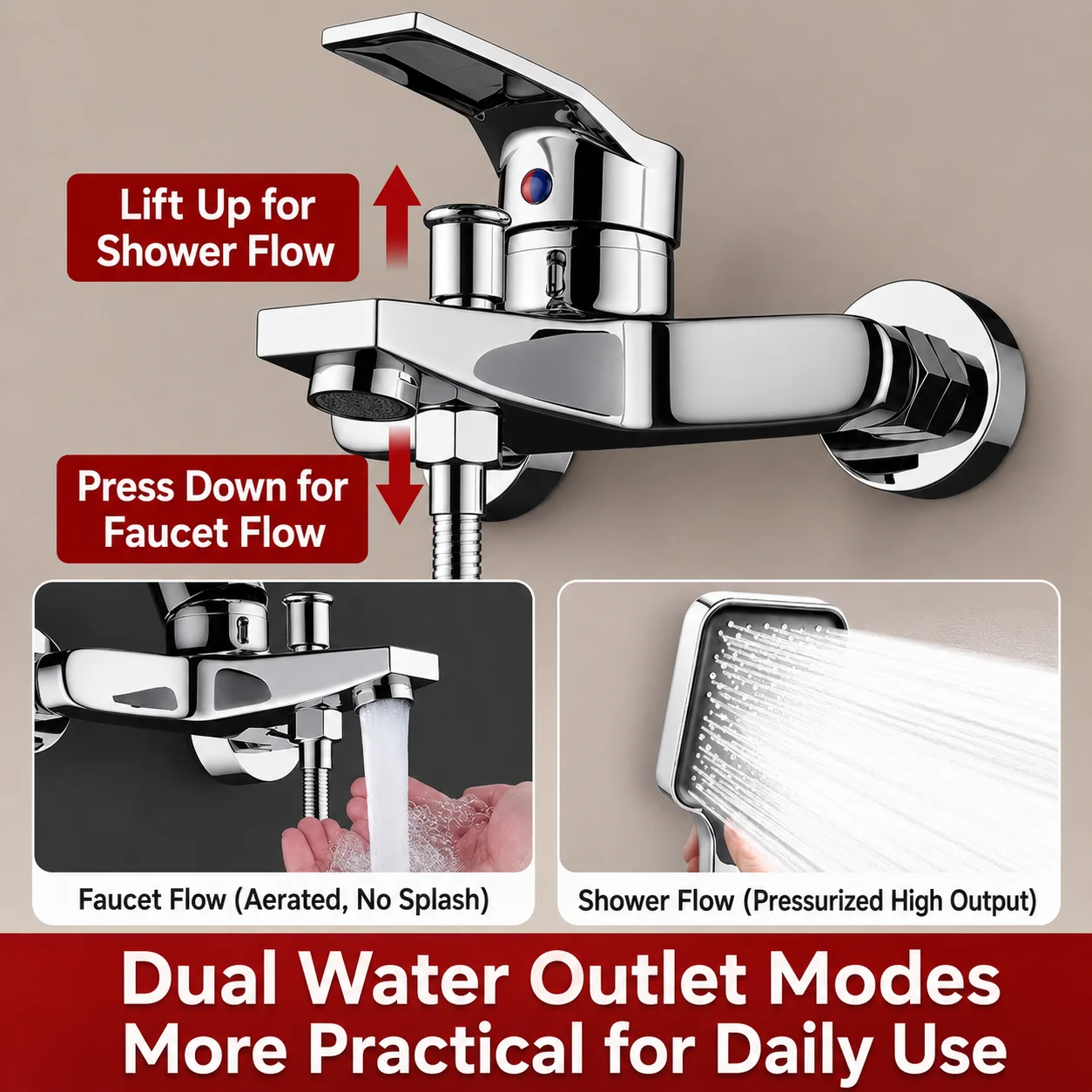 Brass 3 Way Shower Mixer Valve Wall Mounted Hot Cold Water Mixing Tap Dual Outlet Bathtub Faucet for Bathroom