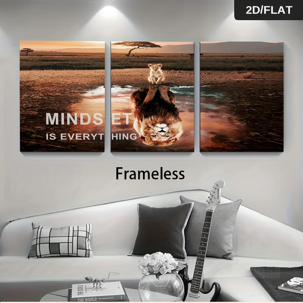 1 set of triple lion modern minimalist living room sofa, office bedroom background frameless decorative painting 2D plan