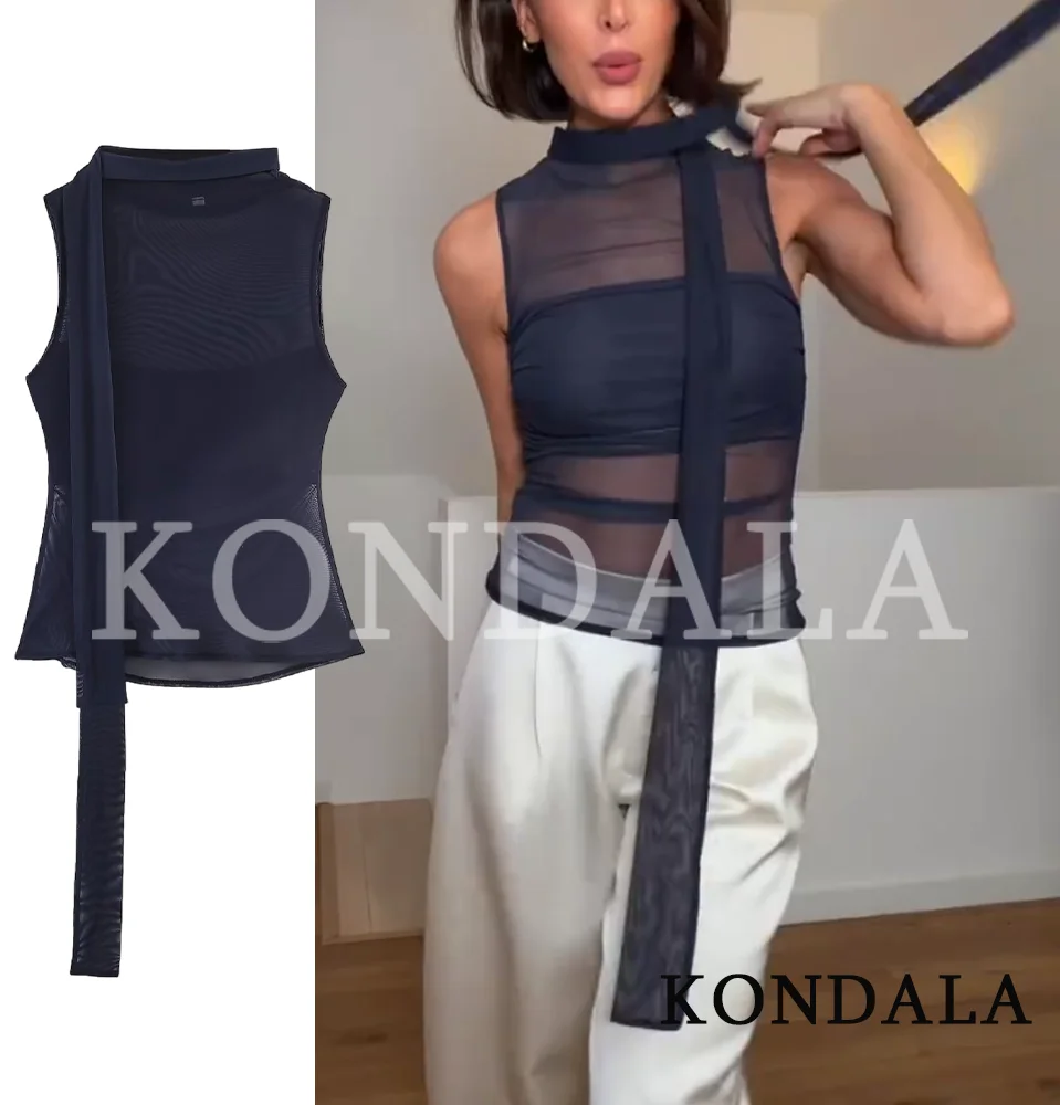 KONDALA Chic Mesh-Garn-Schal-Kragen-Tops für Damen – Elegante ärmellose Oberteile – Neu 2026 Sommermode High Street Urlaub Strand-Tops
