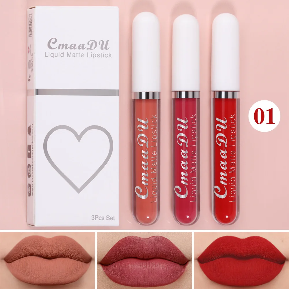 3 Color / Set Sexy Long Lasting Velvet Matte Liquid Lipstick Makeup Women Beauty Red Nonstick Cup Waterproof Lip stick Lip Gloss