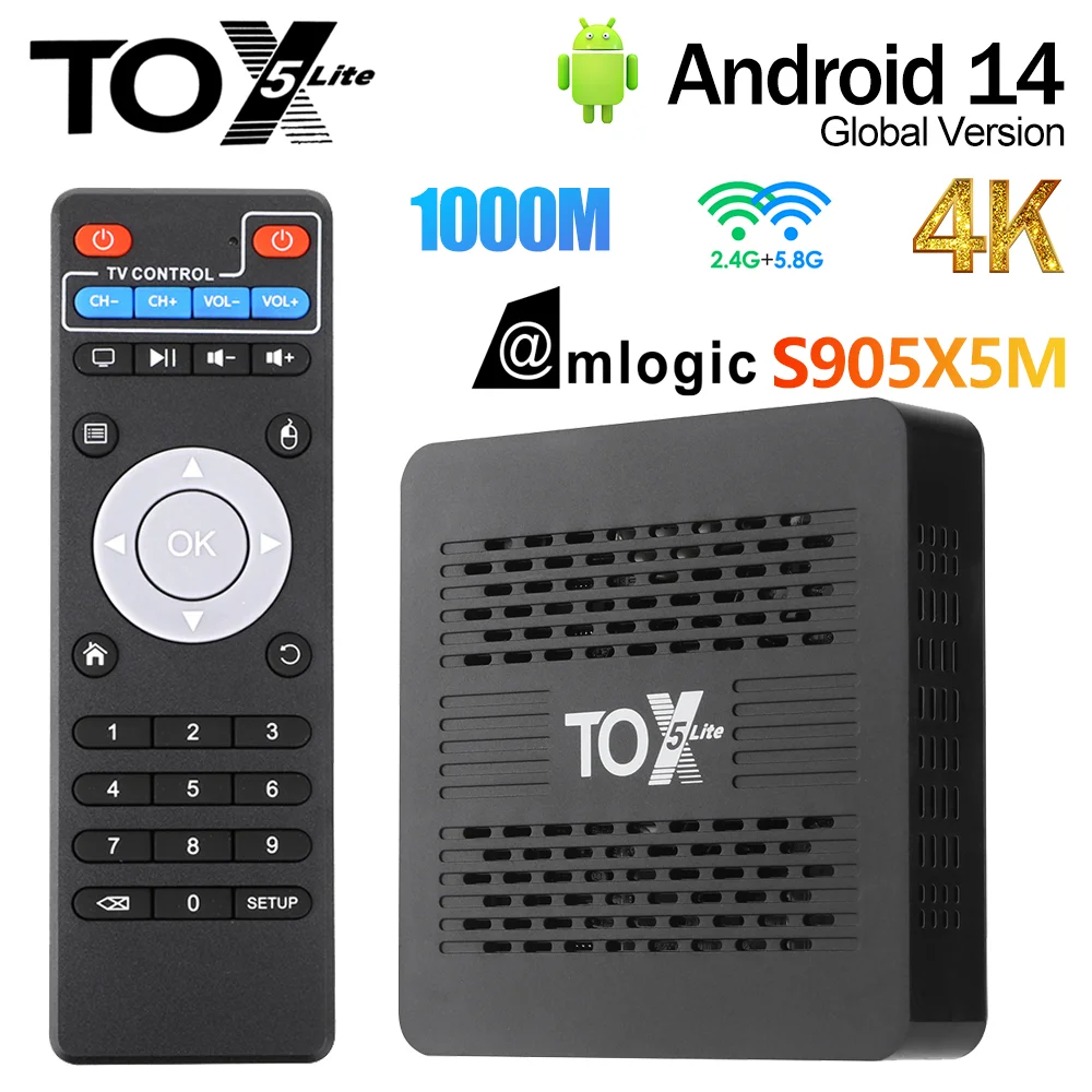 Original TOX5 Lite Android14 TV Box Amlogic S905X5M 32GB ROM BT AV1 1000M LAN Wifi HDR Media Player Set Top Box