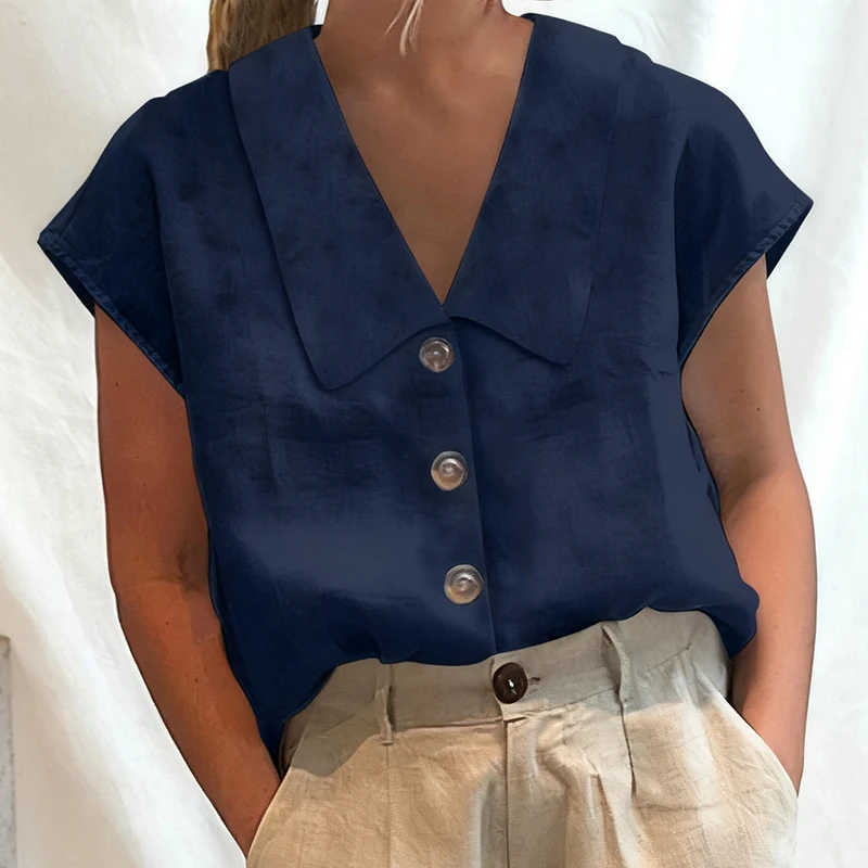 

Женские льняные хлопковые футболки с короткими рукавами, лето 2022, новые черно-белые модные женские блузки с v-образным вырезом и пуговицами, топы