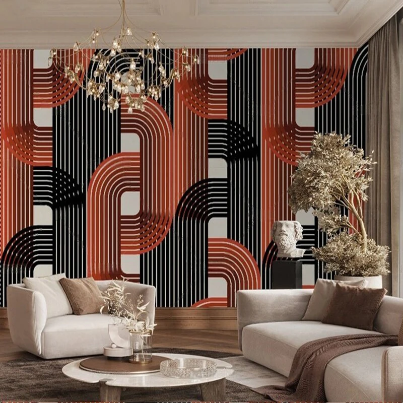Simple fresh and elegant red and brown geometric TV luxurious home decoration bedroom background wall