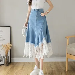 Harajuku Lace Patchwork Denim Skirt Woman Korean High Waist Blue Midi Skirts Women Summer Fashion Plus Sized 3Xl A-Line Skirt