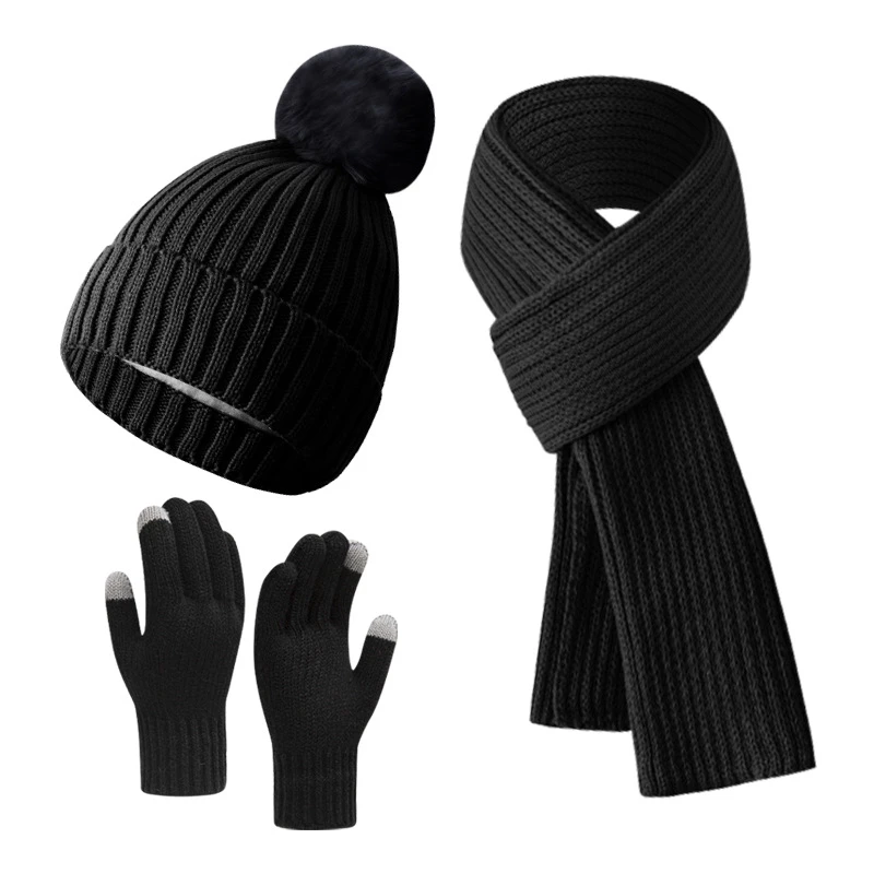 Unisex Black Hat Scarf Gloves 3pcs Set for Men Outdoor Warmer Scarf Hat Winter Women's Plush Beanie Cap