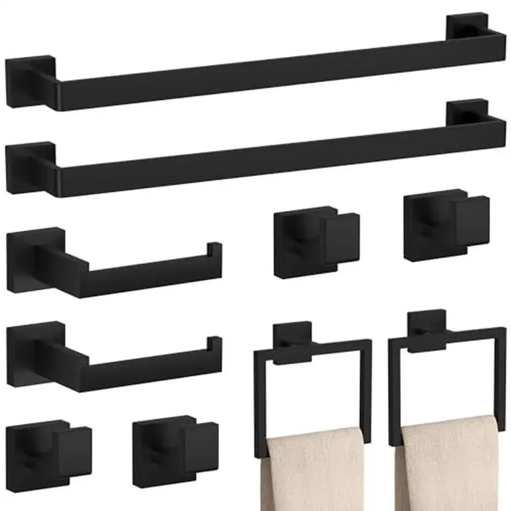 Bathroom Hardware Set 10-Piece Matte Black Stainless Steel Towel Bar Ring Toilet Paper Holder Hooks Kit