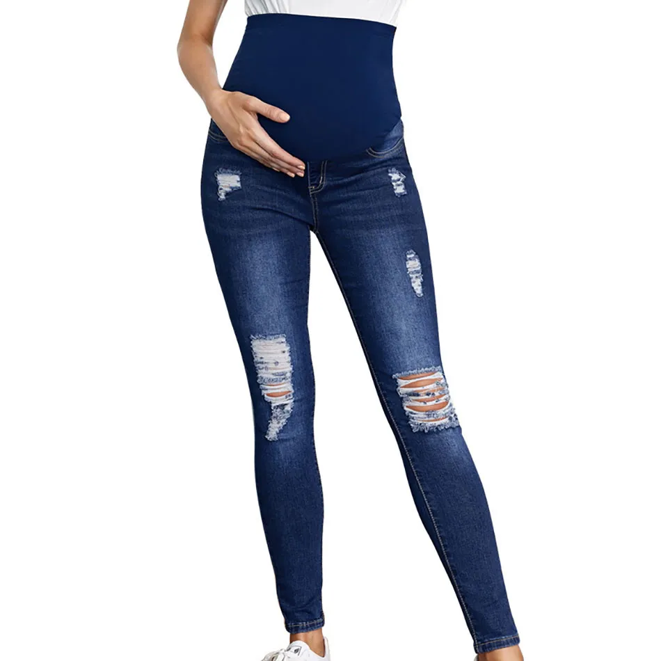 

Stylish Maternity High Waist Denim Jeans with Belly Support Ripped Long Pants Designed for Comfort and Fit in Spring and Autumn